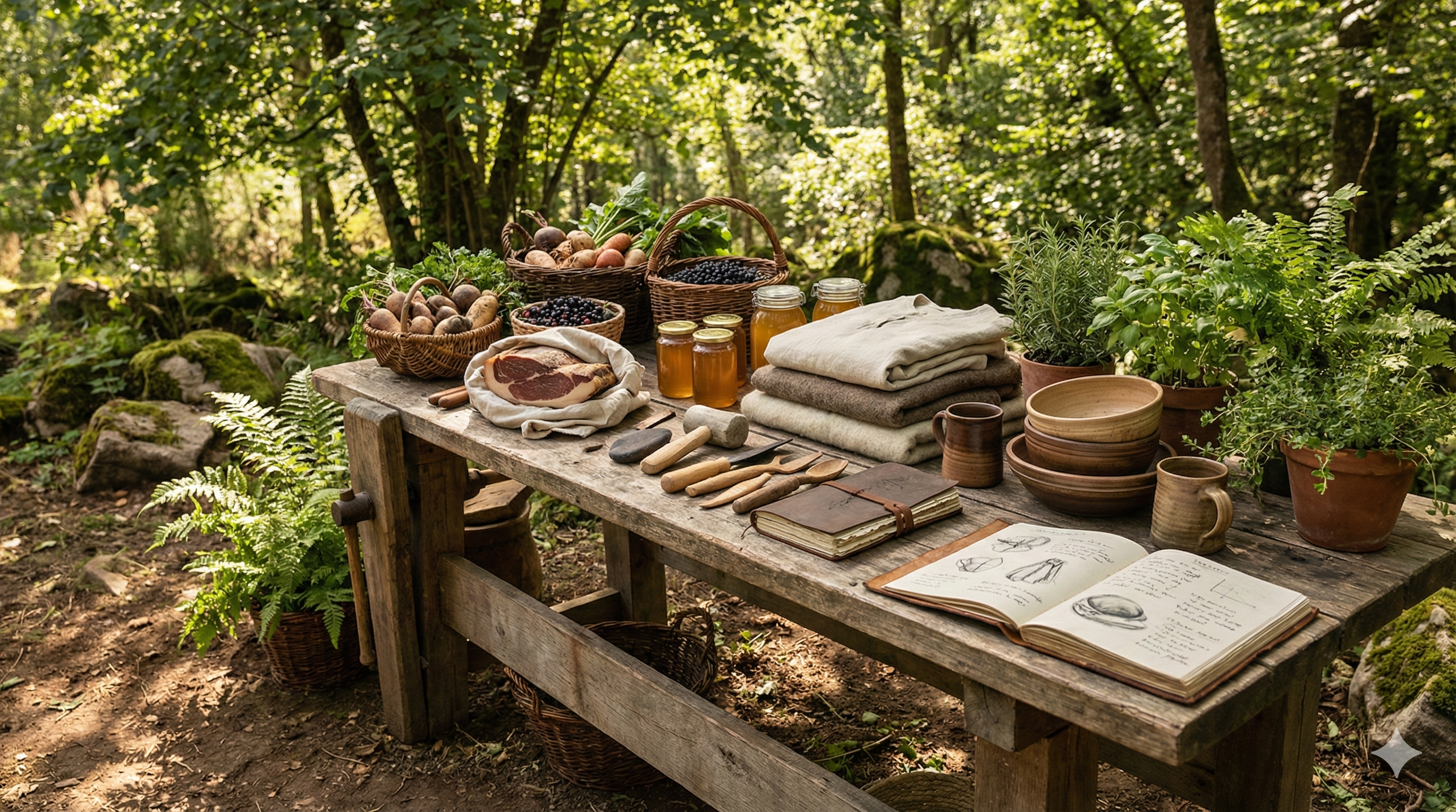 People living in harmony with nature - working with soil, traditional crafts, and sustainable practices