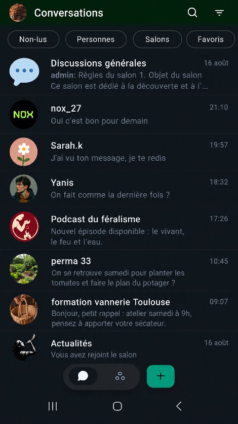 The Feral application on Android, showing the list of conversations and thematic channels